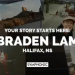Collage of Braden Lam in various settings, including playing guitar and posing with others, with text: "Your story starts here: Braden Lam, Halifax, NS. Every song tells a symphonic story.