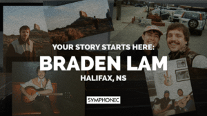 Your Story Starts Here: A Chapter of Braden Lam Collage of Braden Lam in various settings, including playing guitar and posing with others, with text: "Your story starts here: Braden Lam, Halifax, NS. Every song tells a symphonic story.