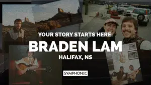 Collage of Braden Lam in various settings, including playing guitar and posing with others, with text: "Your story starts here: Braden Lam, Halifax, NS. Every song tells a symphonic story.