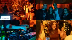 A creative collage shows a live band performing, a group of people posing, hands operating a DJ mixer, and a woman smiling at a party.
