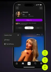 A smartphone screen displays a social media profile for Jaxon, showing a post with a woman against a blue background, and engagement icons for likes, comments, and shares.