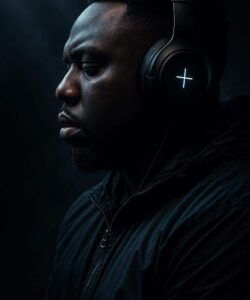 A man wearing black headphones with an illuminated plus sign sits in profile against a dark background, dressed in a black jacket.