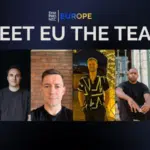 A banner with the text "MEET EU THE TEAM" shows headshots of six men in a row against a dark background, representing Europe.