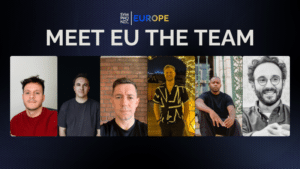 A banner with the text "MEET EU THE TEAM" shows headshots of six men in a row against a dark background, representing Europe.