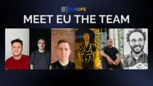 A banner with the text "MEET EU THE TEAM" shows headshots of six men in a row against a dark background, representing Europe.
