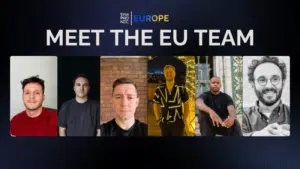 A banner with "Meet the EU Team" text, featuring six men in individual portrait photos, representing the Symphonic Europe team across Europe.