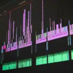 A close-up of a computer screen displaying songtools digital audio or video editing software with multiple colored tracks and waveforms.