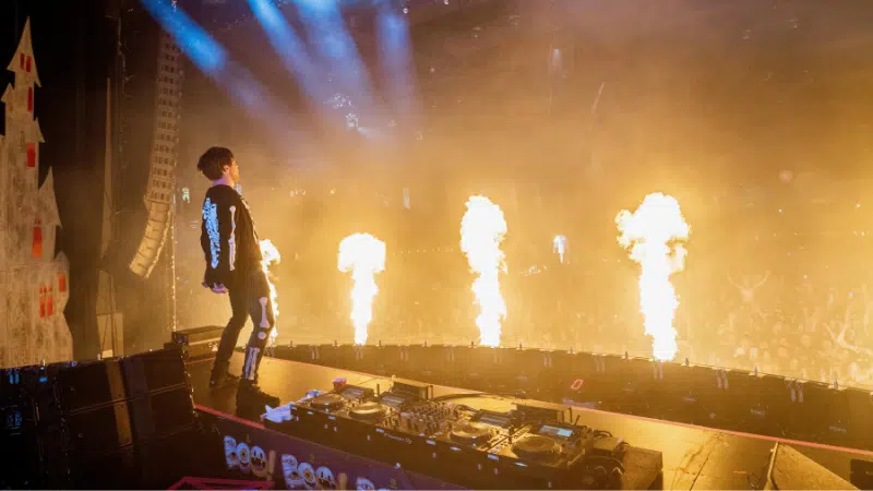 A DJ performs on stage with flames shooting up in front of a large, energetic crowd of fans at a concert.