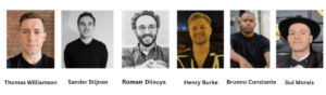 A lineup of seven men from across Europe, each shown in individual portrait photos, with their names listed below: Thomas Williamson, Sander Stijnen, Roman Dilouya, Henry Burke, Brunno Constante, Gui Morais.