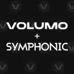 White text “Volumo + SYMPHONIC” is centered on a black background with a subtle repeating “V” pattern, evoking Volumo’s bold visual identity.