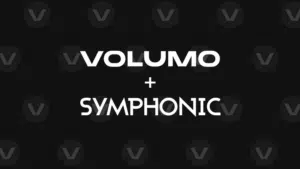 White text “Volumo + SYMPHONIC” is centered on a black background with a subtle repeating “V” pattern, evoking Volumo’s bold visual identity.
