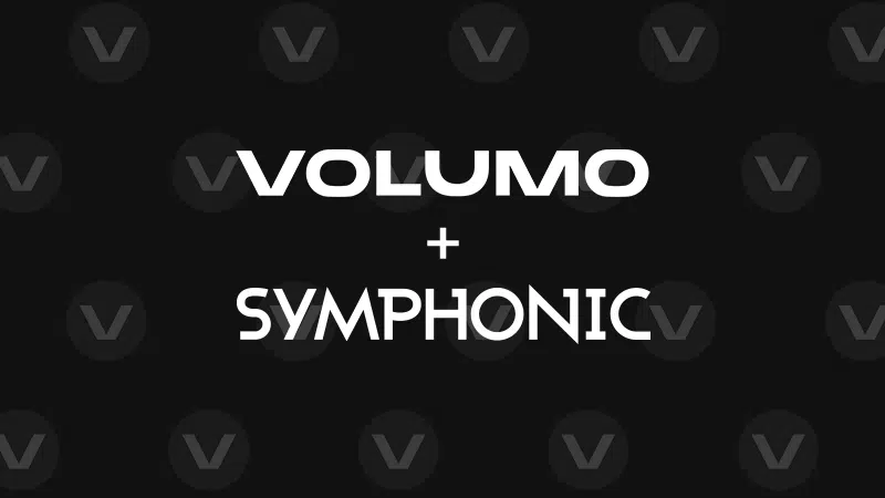 White text “Volumo + SYMPHONIC” is centered on a black background with a subtle repeating “V” pattern, evoking Volumo’s bold visual identity.