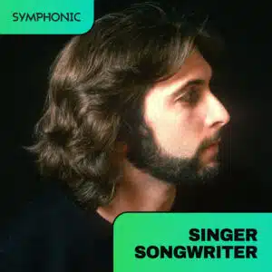 A man with medium-length brown hair and a beard looks to the right; text reads "SYMPHONIC," "SINGER SONGWRITER," and "playlist" on green boxes.