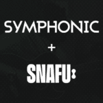 White text on a dark background reads "SYMPHONIC + SNAFU:". The background includes a faint, barely visible outline of a guitar.