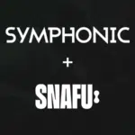 White text on a dark background reads "SYMPHONIC + SNAFU:". The background includes a faint, barely visible outline of a guitar.