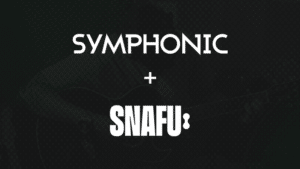 Symphonic Partners with Snafu White text on a dark background reads "SYMPHONIC + SNAFU:". The background includes a faint, barely visible outline of a guitar.