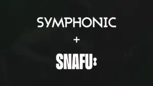White text on a dark background reads "SYMPHONIC + SNAFU:". The background includes a faint, barely visible outline of a guitar.