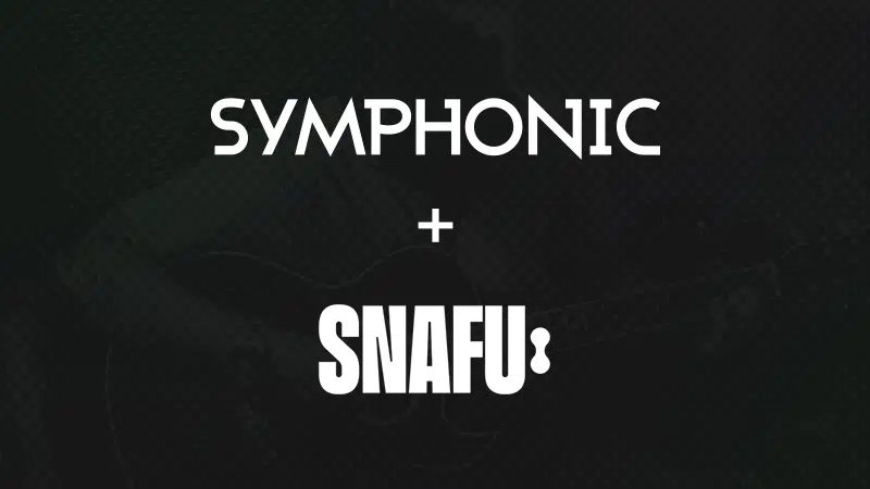 White text on a dark background reads "SYMPHONIC + SNAFU:". The background includes a faint, barely visible outline of a guitar.