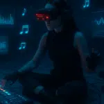 A person wearing VR goggles and headphones sits on the floor, operating an AI-powered music production device, surrounded by floating musical notes and digital audio waveforms.
