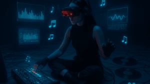 AI in Music: Keeping It Human While Changing the Game A person wearing VR goggles and headphones sits on the floor, operating an AI-powered music production device, surrounded by floating musical notes and digital audio waveforms.