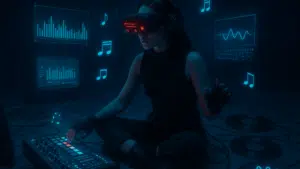 A person wearing VR goggles and headphones sits on the floor, operating an AI-powered music production device, surrounded by floating musical notes and digital audio waveforms.