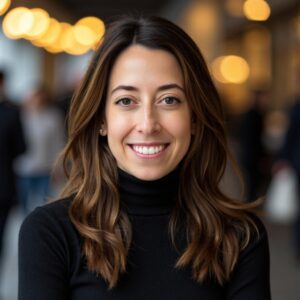 A woman with long brown hair and a black turtleneck smiles at the camera in an indoor setting, where blurred warm lights in the background create a cozy atmosphere reminiscent of an AI-generated portrait.