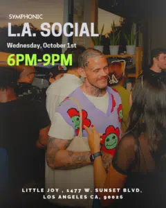 People socialize at an indoor event. Promotional text details a social gathering on October 1st from 6pm-9pm at Little Joy in Los Angeles, California.
