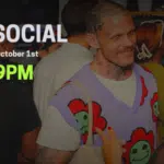 A tattooed man in a colorful vest with flower patterns talks to a woman at a crowded social event. Text reads: “L.A. SOCIAL, Wednesday, October 1st, 6PM-9PM.”.