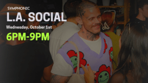 A tattooed man in a colorful vest with flower patterns talks to a woman at a crowded social event. Text reads: “L.A. SOCIAL, Wednesday, October 1st, 6PM-9PM.”.