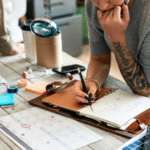 A person writes in a notebook on a desk with a calendar, documents, labels, water bottle, and stationery during a meeting or planning session.