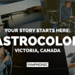 A promotional collage with photos of musicians performing and relaxing in Victoria, Canada, featuring the text: "Your Story Starts Here: Astrocolor, Victoria, Canada. Symphonic.