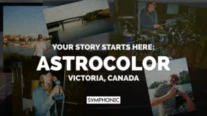 A promotional collage with photos of musicians performing and relaxing in Victoria, Canada, featuring the text: "Your Story Starts Here: Astrocolor, Victoria, Canada. Symphonic.