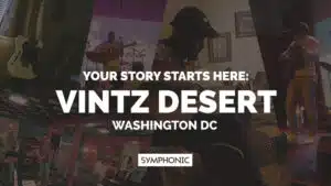 Collage of Vintz Desert performing music in various settings, with the text: "Your story begins here: Vintz Desert, Washington DC. Symphonic.