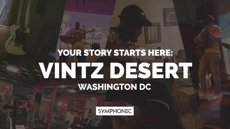 Collage of Vintz Desert performing music in various settings, with the text: "Your story begins here: Vintz Desert, Washington DC. Symphonic.