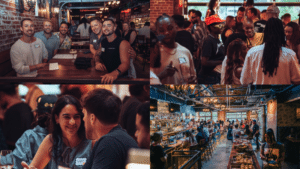 A collage of four images showing people socializing, laughing, and dining in a lively, modern restaurant or bar setting.