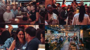 A collage of four images showing people socializing, laughing, and dining in a lively, modern restaurant or bar setting.