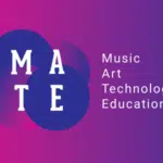 Logo with overlapping blue circles spelling "MATE" and the words "Music Art Technology Education" on a pink to purple gradient background.