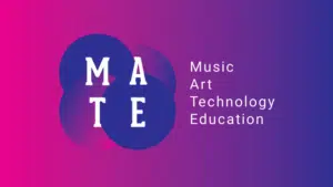 Logo with overlapping blue circles spelling "MATE" and the words "Music Art Technology Education" on a pink to purple gradient background.