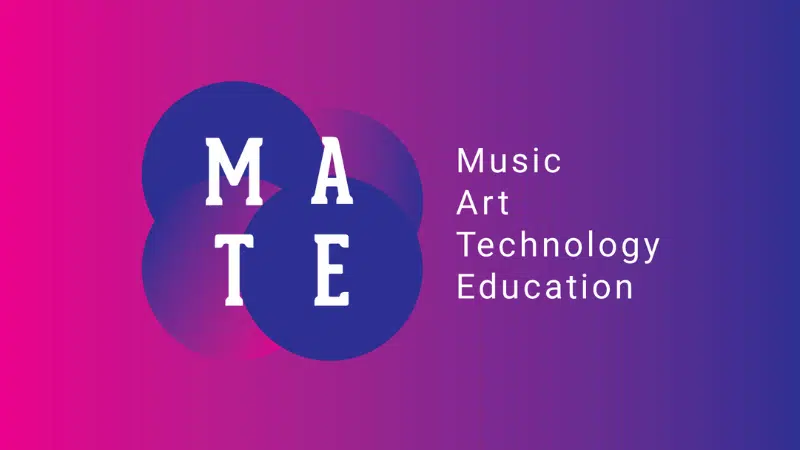 Logo with overlapping blue circles spelling "MATE" and the words "Music Art Technology Education" on a pink to purple gradient background.