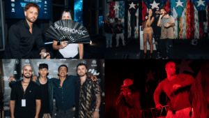 A collage of four photos shows people posing at an event, performing on stage, and holding a fan labeled 