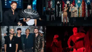 A collage of four photos shows people posing at an event, performing on stage, and holding a fan labeled 