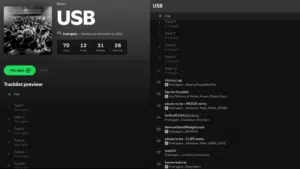 A Spotify album page for "USB" by Fred again.. shows a countdown to release, a green "Pre-save" button, and a partial tracklist with some revealed and some hidden song titles.