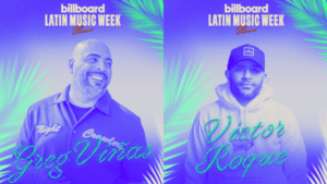Side-by-side portraits of Greg Vinas and Victor Roque, with "Billboard Latin Music Week Miami" text and palm leaf graphics in the background.