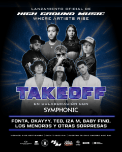 Promotional poster for "Takeoff" music event featuring artists Fonta, Okayyy, Ted, Iza M, Baby Fino, and Los Menor3s, held on September 5 at Chic Chorro.