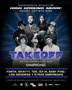 Promotional poster for "Takeoff" music event featuring artists Fonta, Okayyy, Ted, Iza M, Baby Fino, and Los Menor3s, held on September 5 at Chic Chorro.
