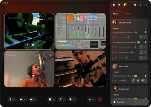 A video call with four participants is shown; three are playing instruments, one is singing like a muse, and music production software is open on the screen. Audio input settings are visible on the right.