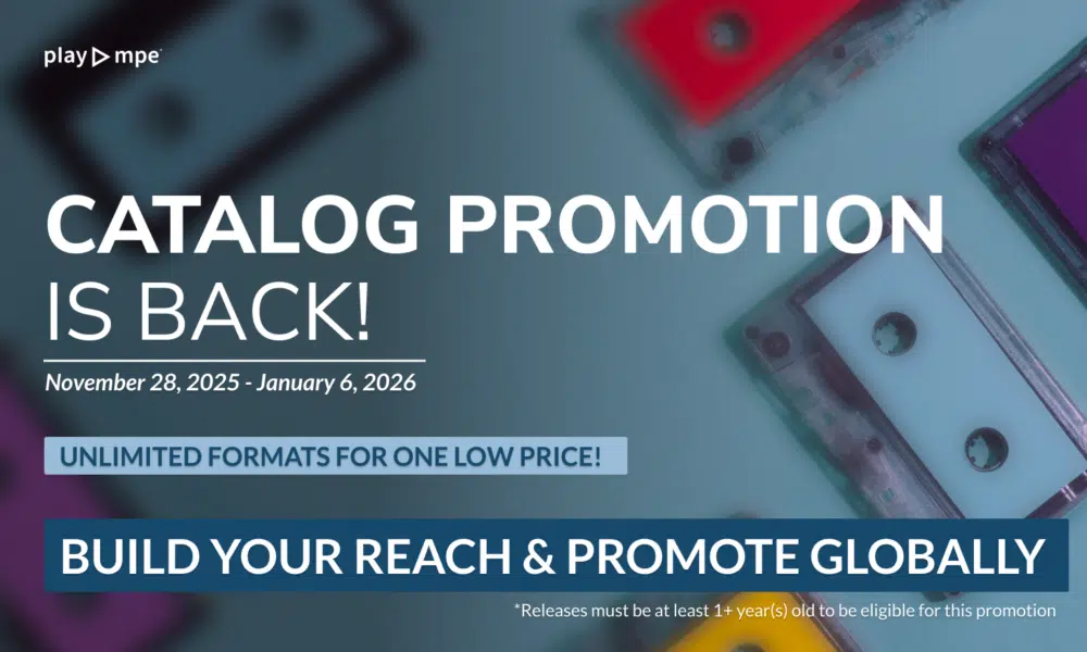 Promotional graphic for Play MPE's catalog promotion, running from November 28, 2025 to January 6, 2026, featuring cassette tapes and catalog-themed promotional text.