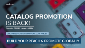 Promotional graphic for Play MPE's catalog promotion, running from November 28, 2025 to January 6, 2026, featuring cassette tapes and catalog-themed promotional text.