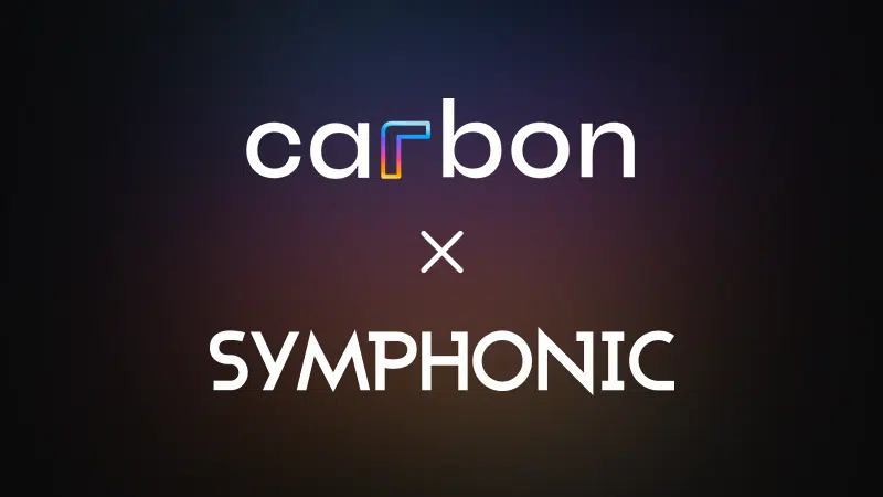 Logo for "carbon" above a large "x" and the word "SYMPHONIC" on a dark carbon gradient background.