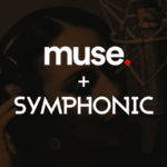 A person wearing headphones sings into a studio microphone, channeling their inner Muse, with the text "muse. + SYMPHONIC" boldly overlaid.